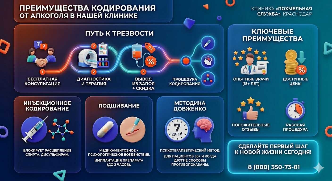 Инфографика о методах кодирования от алкоголя в Дятьково: инъекции, подшивание, метод Довженко. Преимущества клиники и этапы лечения.